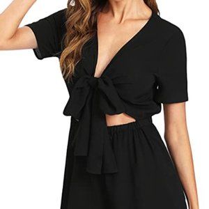 SweatyRocks Women's Sexy V Neck Self Tie Front Short Romper Jumpsuit Playsuit